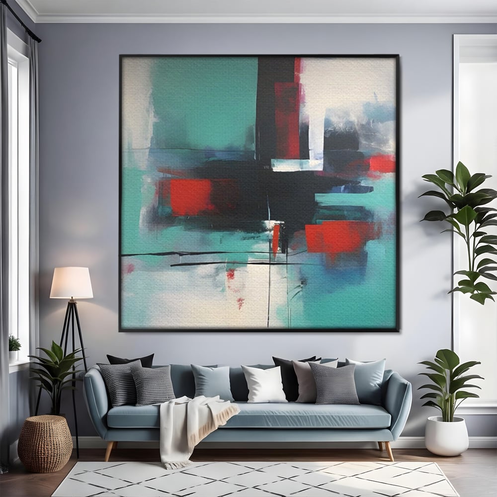 Tablou canvas cu pictura abstracta patrata cu pete rosii, in rama de aluminiu negru, pe perete intr-un living